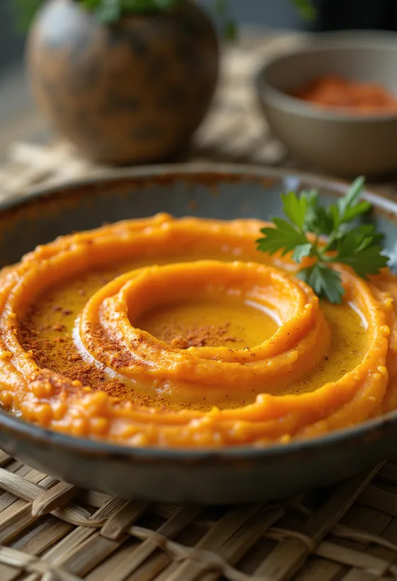 Spicy gulrothummus servert