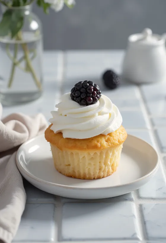 Muffins med pisket krem og friske bjørnebær