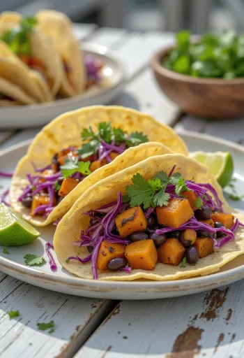 Vegansk Taco med bakt søtpotet, krydrede svarte bønner og koriander