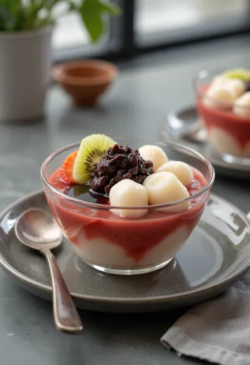 Anmitsu med shiratama dango, servert med frisk frukt