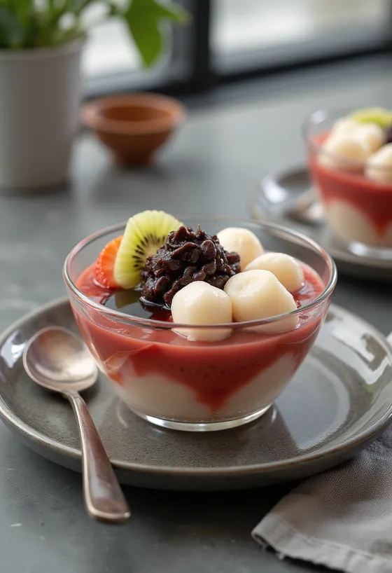 Anmitsu med shiratama dango, servert med frisk frukt