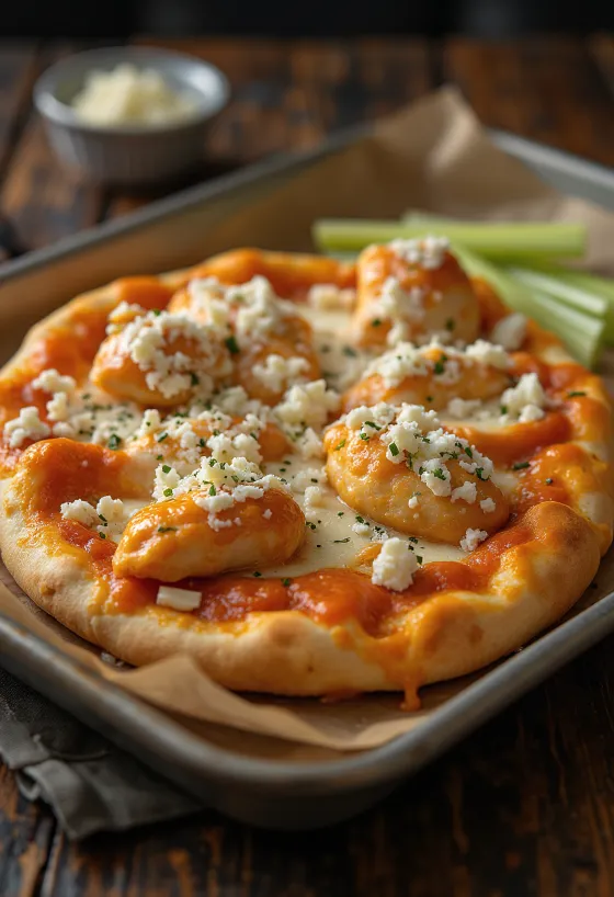 Buffalo chicken pizza med sterk kylling og blåmuggost