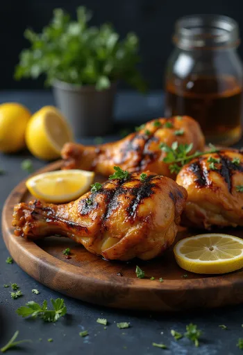 Grillede kyllinglår stekt gyllenbrune, med sprøtt skinn og pyntet med friske urter