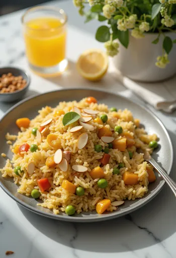 Vegansk Kabsa, servert med rike grønnsaker og krydret risrett.