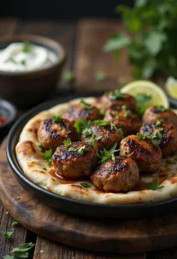 Kofta med lammekjøtt, servert med ferskt pitabrød og yoghurt