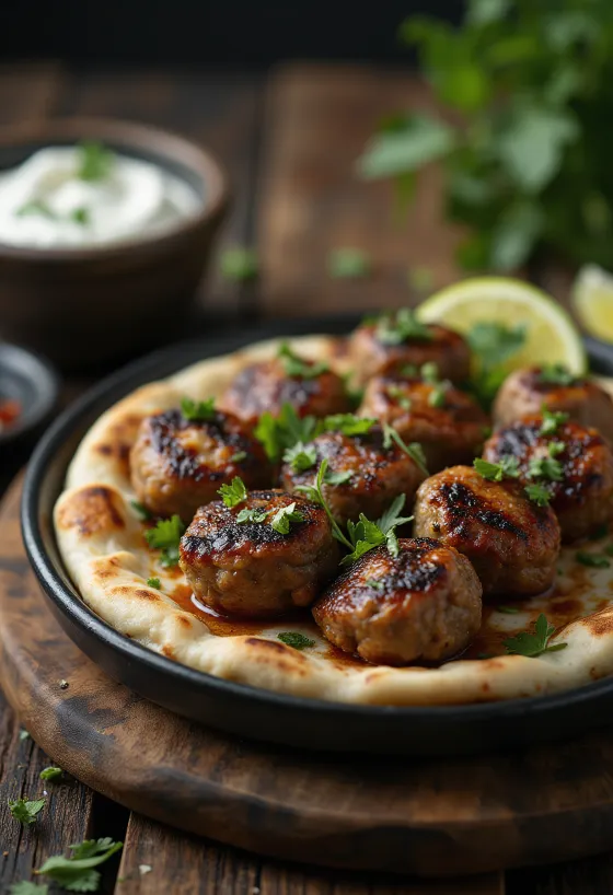 Kofta med lammekjøtt, servert med ferskt pitabrød og yoghurt