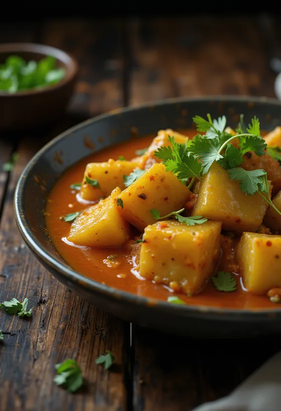 Lauki ki Sabzi, indisk curry med fersk gresskar, pyntet med krydder og koriander