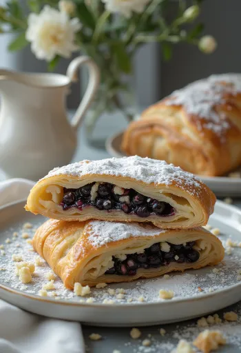 Nystekt strudel med valmuefrø og sprø deig, skåret i skiver, drysset med melis.