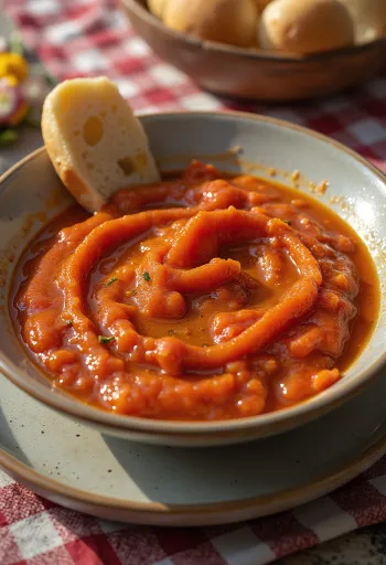 Søt mojo rojo-saus i en skål, omgitt av biter av stekt paprika