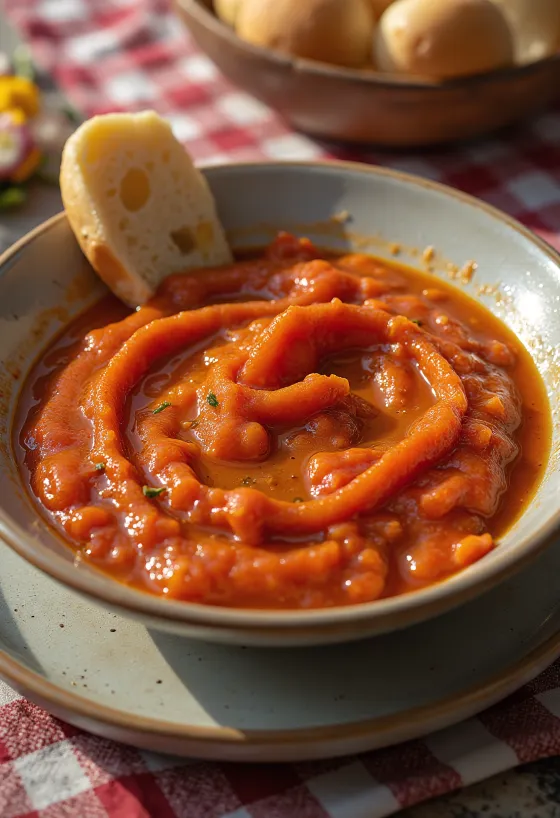 Søt mojo rojo-saus i en skål, omgitt av biter av stekt paprika