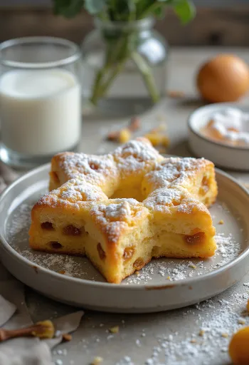 Pandoro med rosiner, nystekt, drysset med melis