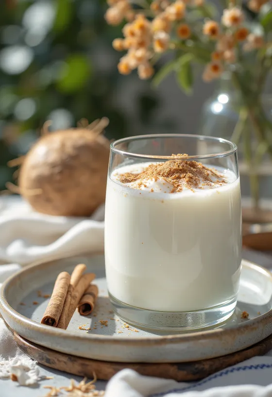 Kokos- og kanelkefir i glass, lys kremfarget drikk drysset med kokosmasse og kanel