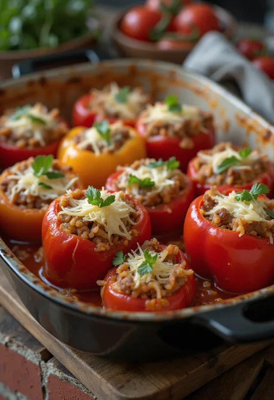 Fylt paprika med kjøttdeig servert