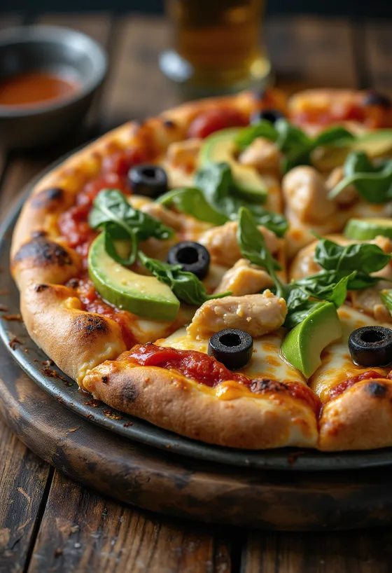 California Pizza med fersk avokado, kyllingbryst og spinat