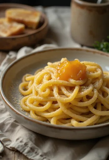 Pasta med semulegryn drysset med melis og syltetøy