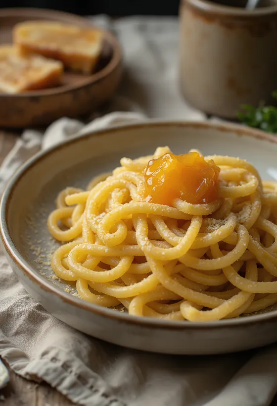 Pasta med semulegryn drysset med melis og syltetøy