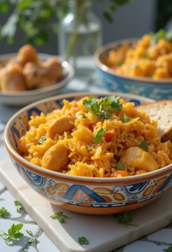 Jollof ris servert med kylling