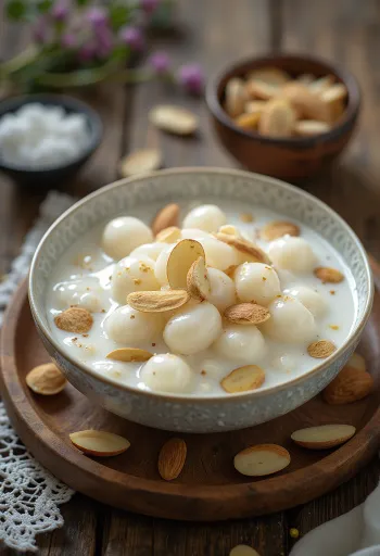 Sabudana kheer dessert pyntet med mandler og kardemomme