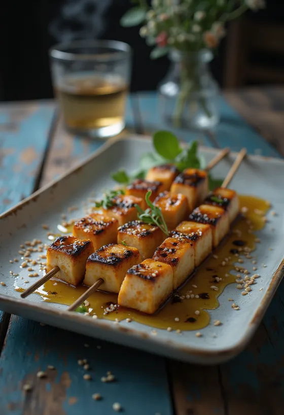 Tofu Satay, grillede tofu spyd med friske grønnsaker