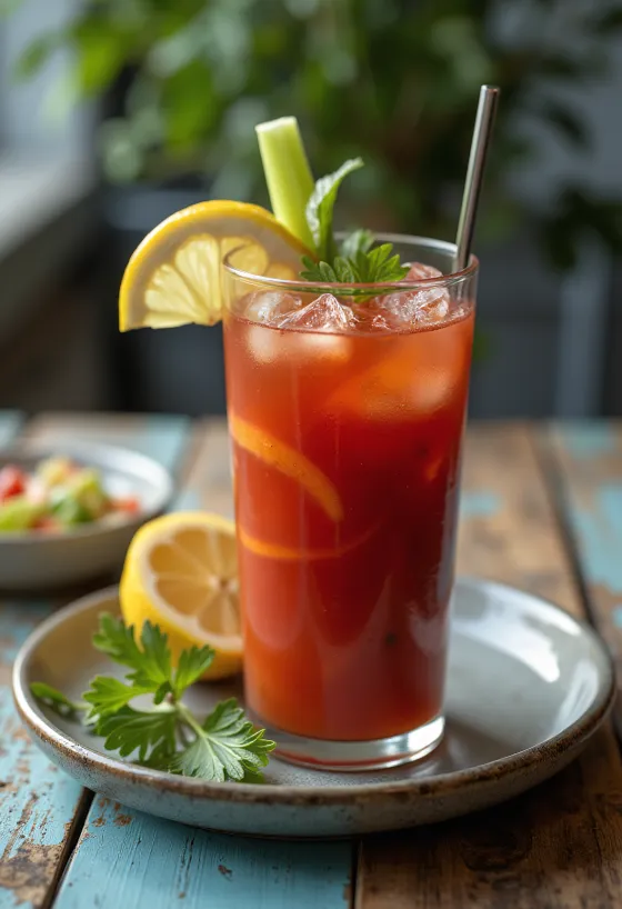 Bloody Mary cocktail pyntet med selleristang og sitronskive