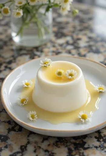Panna cotta med hyllebærblomst servert