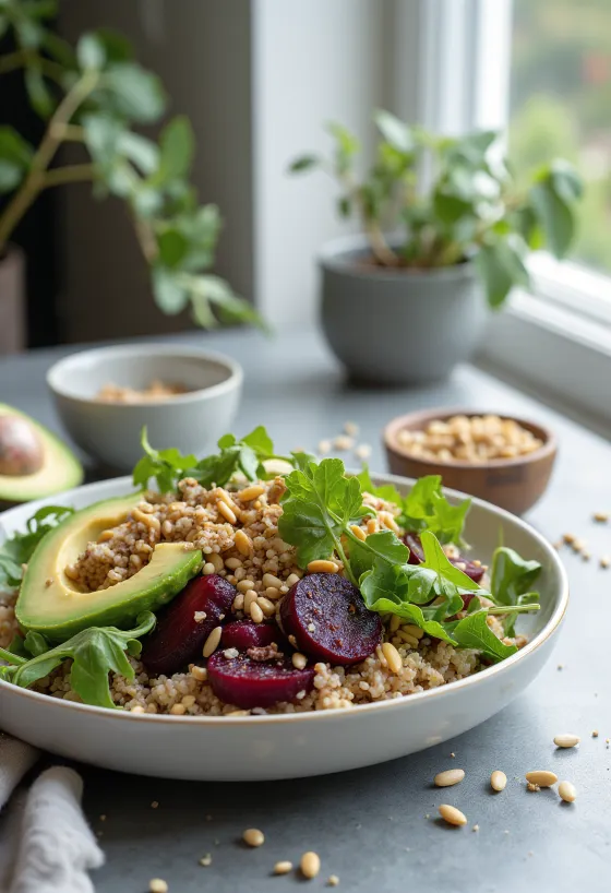 Buddha bowl med rødbeter, quinoa og ristede frø