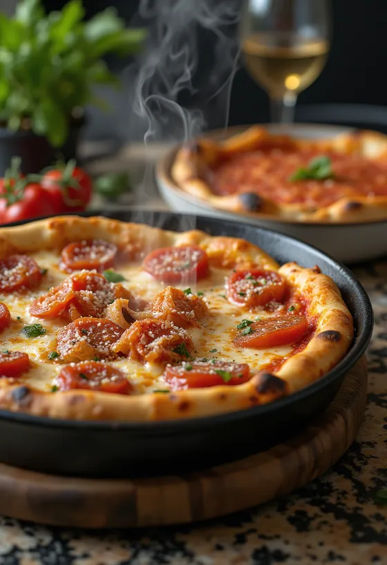 Chicago deep-dish pizza med ost og tomatsaus