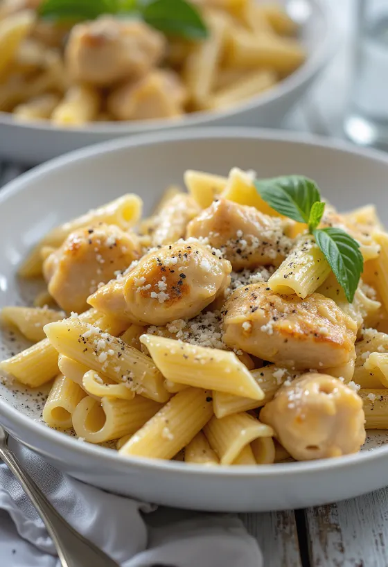 Kyllingpasta med kremet saus og drysset med friske urter