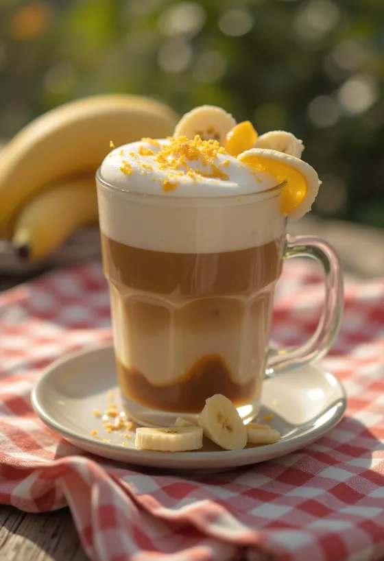 Appelsin- og bananlatte kremet kaffedrikk pyntet med appelsinskall