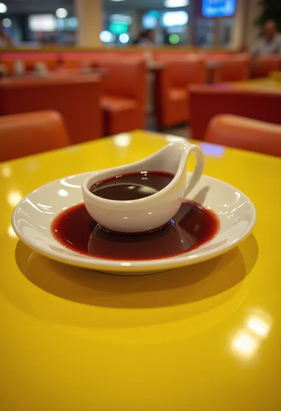 Appelsin- og rødvinssaus i en skål, pyntet med fersk rosmarin og appelsinskall.