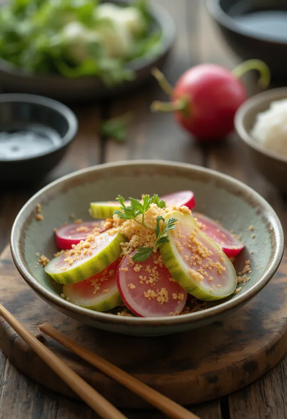 Nukazuke, fermenterte grønnsaker i skål, med forskjellige fargerike grønnsaker og riseddikpasta