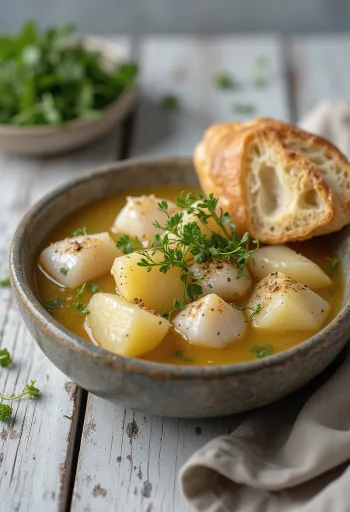 Psarosoupa med poteter, rik fiskesuppe servert med fersk olivenolje og sitronsaft