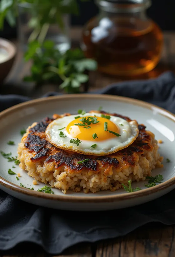 Tacu-tacu med stekt egg, pyntet med koriander