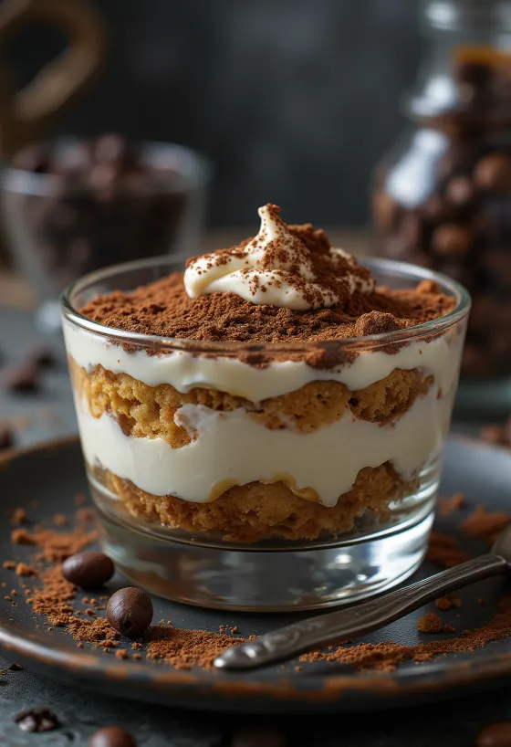 Klassisk tiramisu med lagvis fingerkjeks og kakaopulver på toppen
