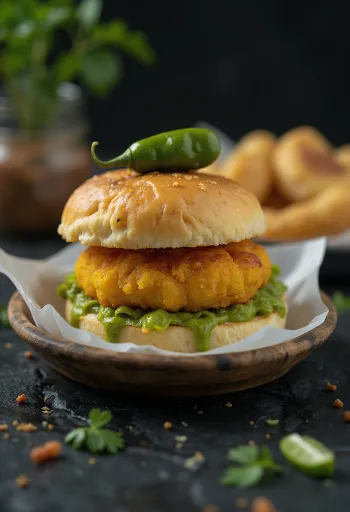 Gyllen fritert Vada Pav fylt med krydret kjøttdeig