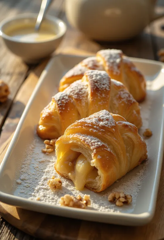 Sprø eplestrudel fylt med friske epler, drysset med melis