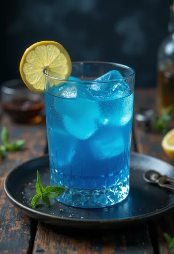 Blue Lagoon cocktail pyntet med sitronskive og cocktailbær