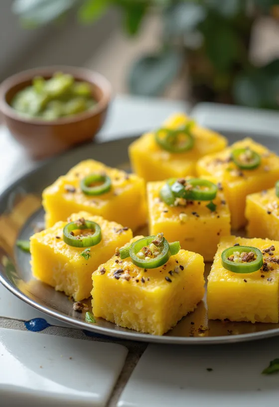 Khaman Rava Dhokla servert med frisk koriander