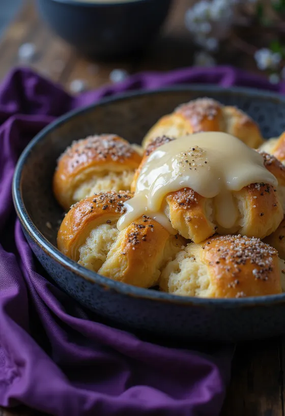 Mákos guba drysset med melis, servert med vaniljesaus