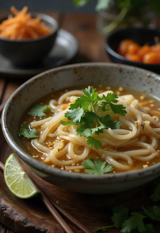 Pho med sesamolje servert i bolle, sesamolje-risnudelsuppe, fersk koriander og limeskiver