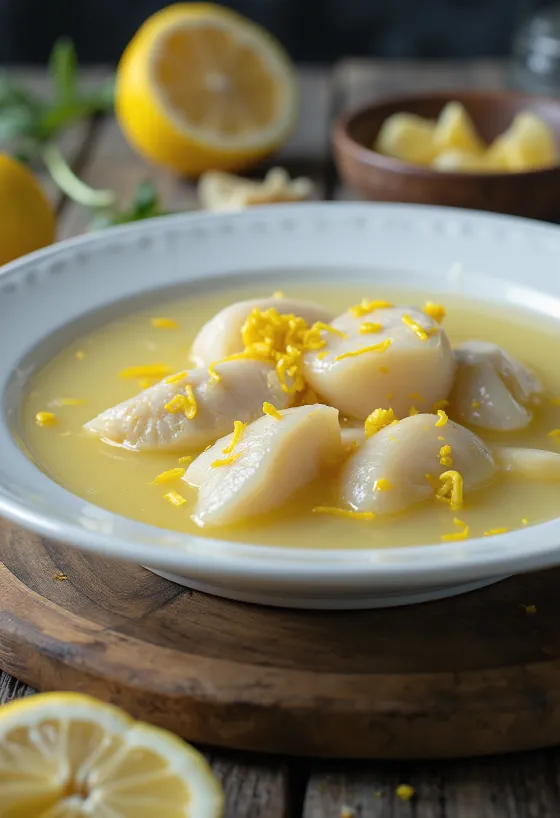 Psarosoupa med sitronsaft, rik fiskesuppe servert med fersk olivenolje og sitronsaft