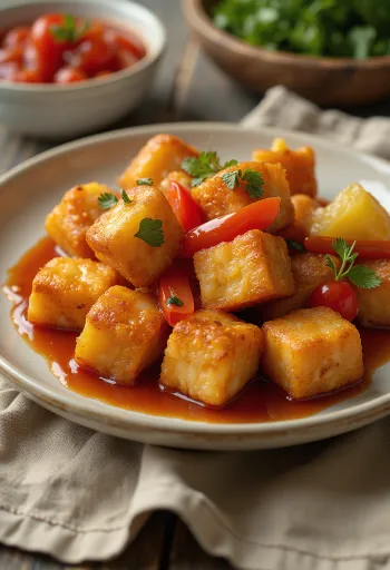 Sprøstekt tofu med sursøt saus servert