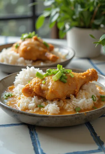 Ayam Penyet med kokosmelksaus, servert fersk med saftige kyllinglår og ris.