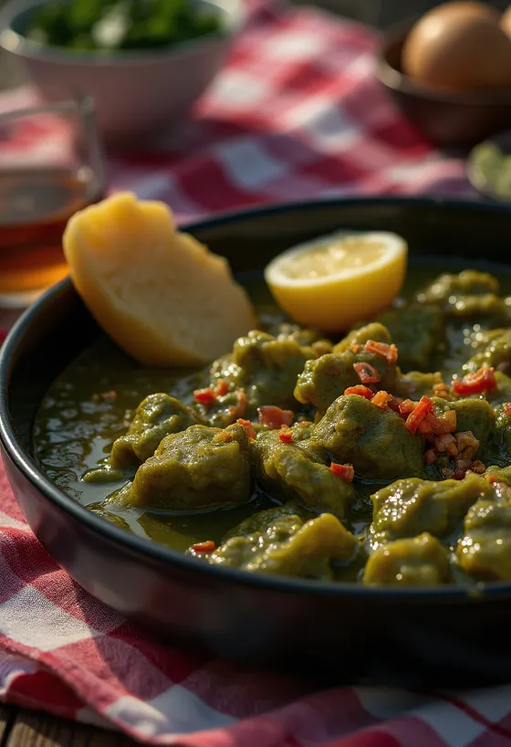 Callaloo med røkt kjøtt, grønn bladstuing servert med røykte kjøttterninger i kokosmelkbase.