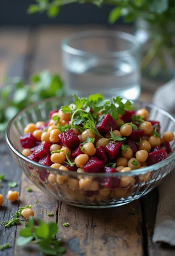 Rødbete- og kikertsalat servert med frisk ruccola og ristede valnøtter.