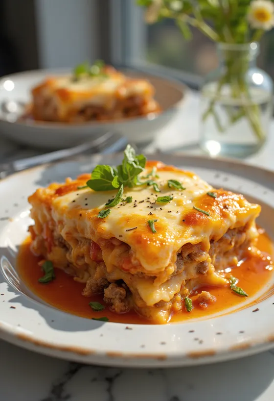 Tradisjonell gresk moussaka servert, lagvis aubergine, kjøttdeig og bechamelsaus.