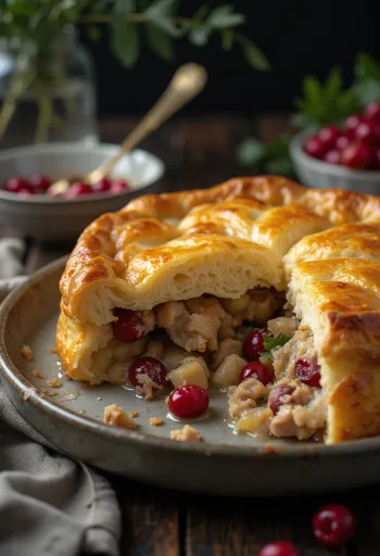 Partridge and cranberry pot pie servert i en rustikk form med gyllen butterdeig.