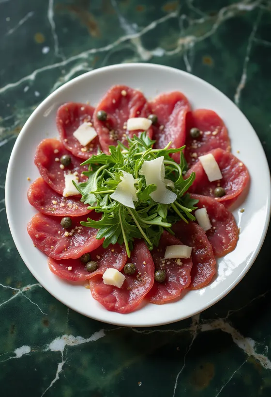 Tynnskåret rå hjortefilet anrettet med ruccola og parmesan