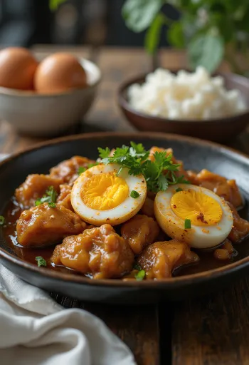 Adobo servert med egg, kylling og egg forent som en fristende rett.