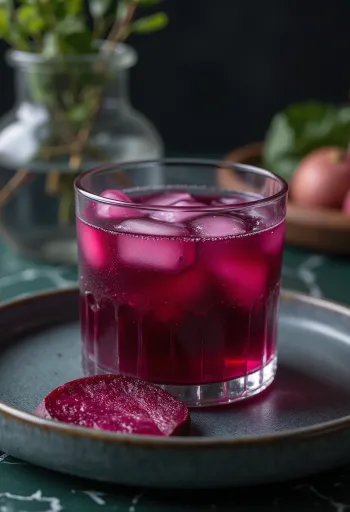 Rødbetejuice i høyt glass, pyntet med ferske grønnsaker og frukt
